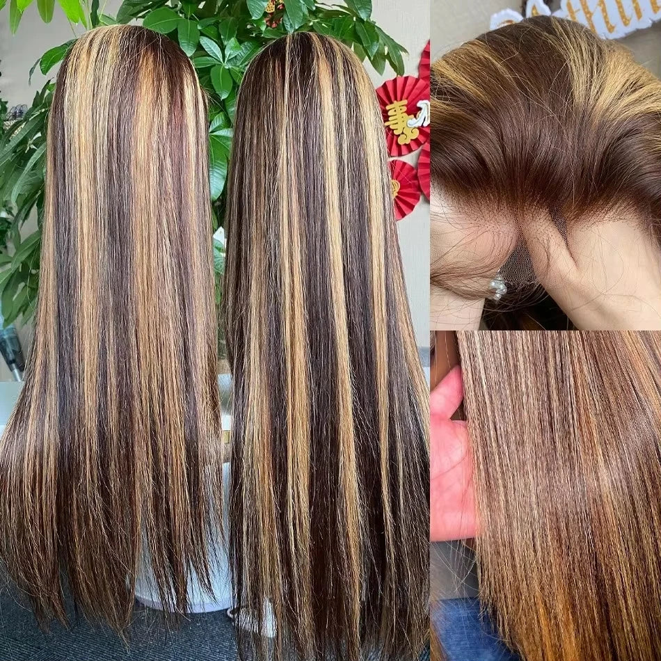 30 34 Inch 4/27 Highlight Ombre Bone Straight 13x4 HD Lace Front Human Hair Wig Brazilian Remy 13x6 Lace Frontal Wigs For Women