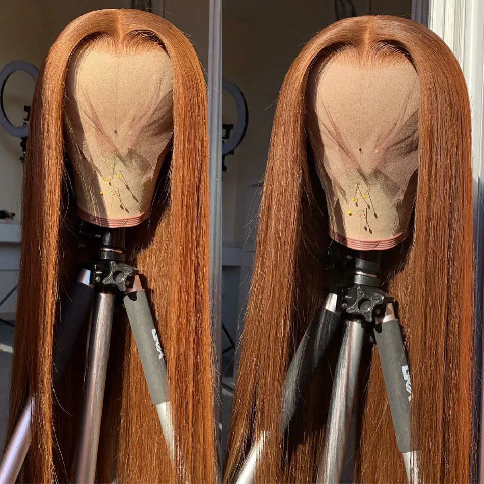 Ginger Colored 13x6 HD Transparent Lace Front Human Hair Wigs Indian Straight Human Hair Frontal Wigs For Women
