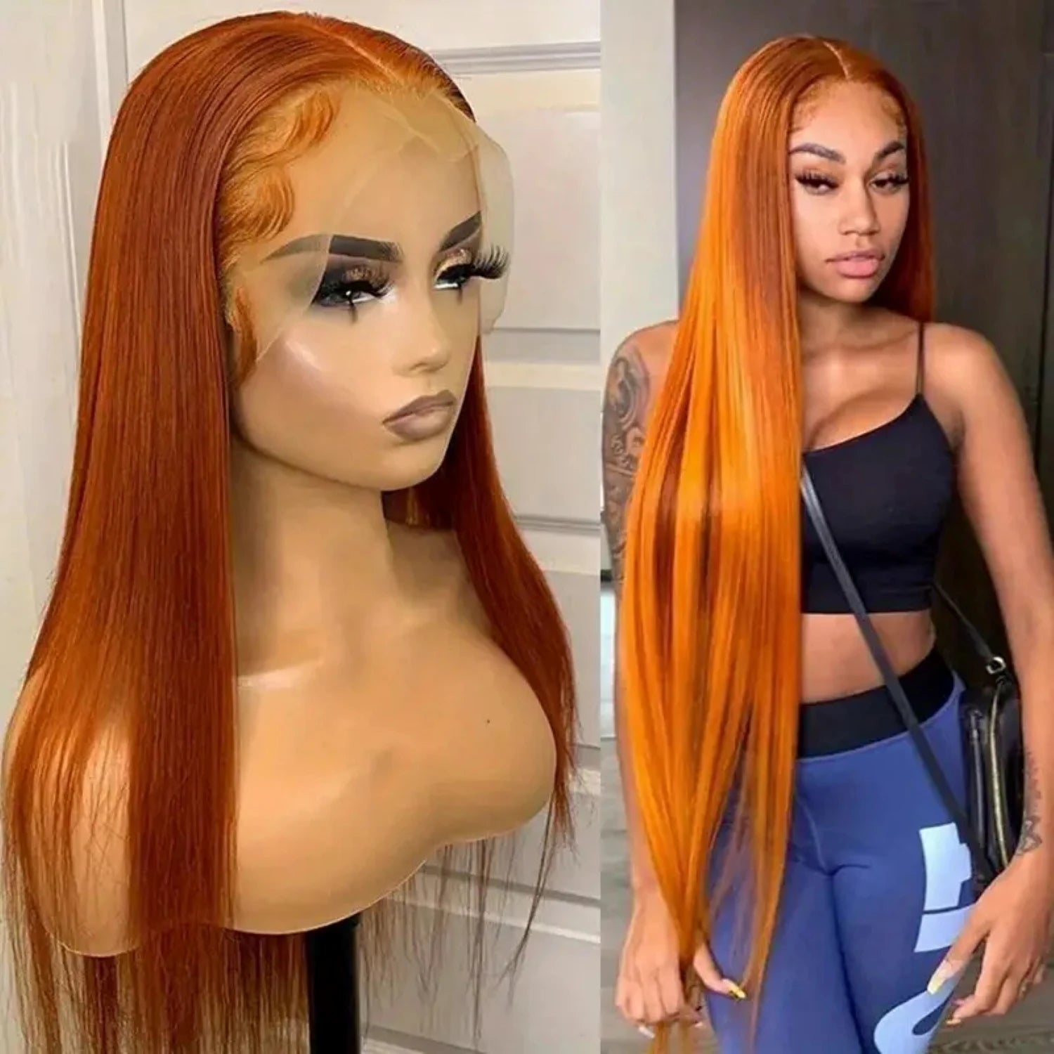 Ginger Orange Straight 13x6 Transparent Lace Front Wig Human Hair for Women #350 Colored Pre Plucked Natural Hairline 200%