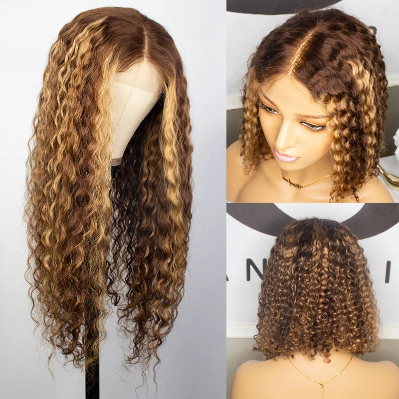 Highlight Bob Lace Front Wigs 13x6 Curly Human Hair Wig Honey Blonde Ombre 13x4 Brazilian Deep Water Wave lace Frontal wig