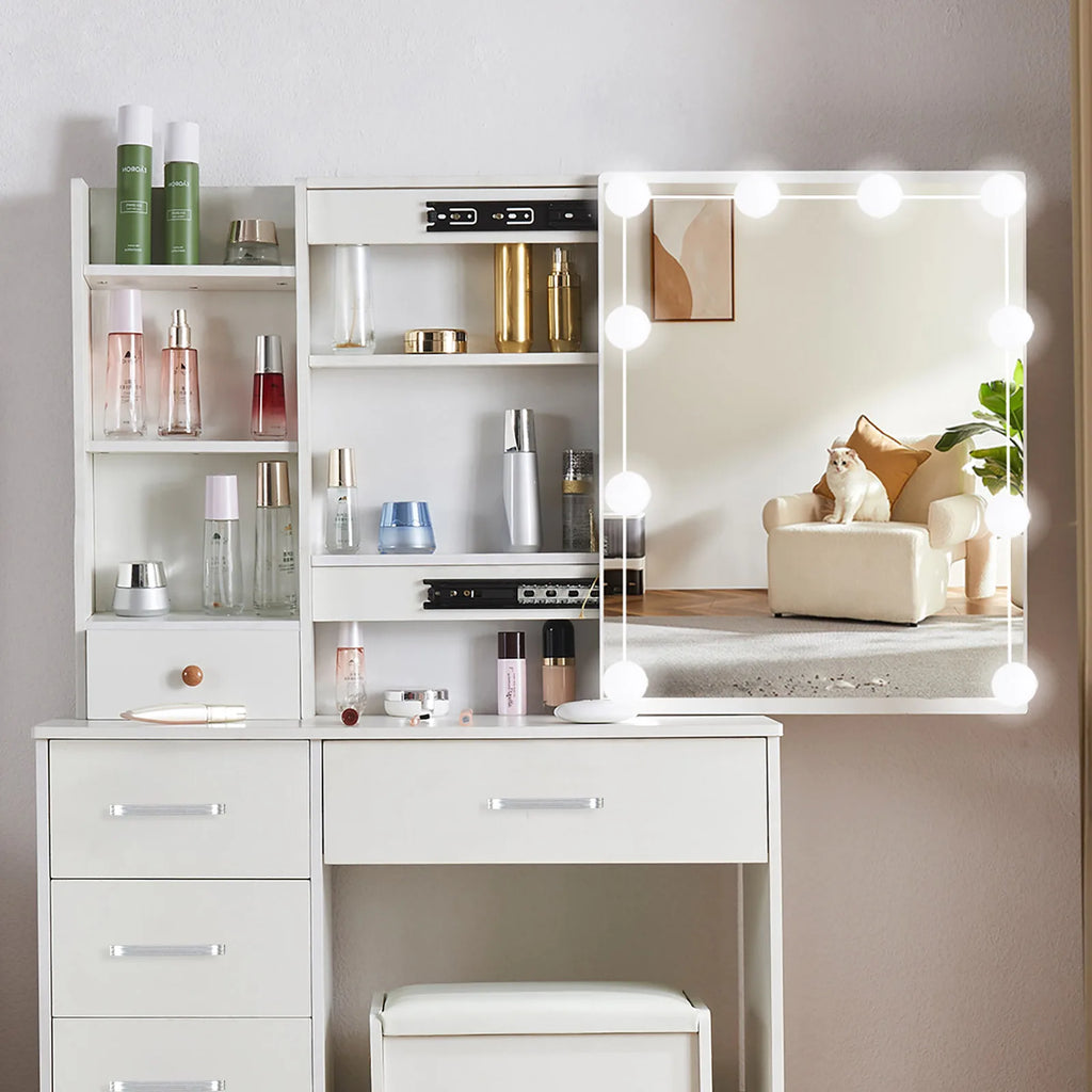 LED Lighted Dresser Set, 3 Colors Adjustable Brightness, White Dresser with Drawers and Upholstered Stool with Five Drawers