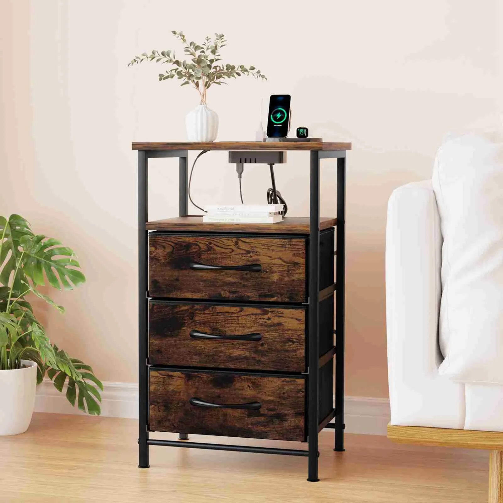 Bedside Table Brown Color Multifunctional Iron and Triamine Plate Nightstand Side Table for Living Room Bedroom