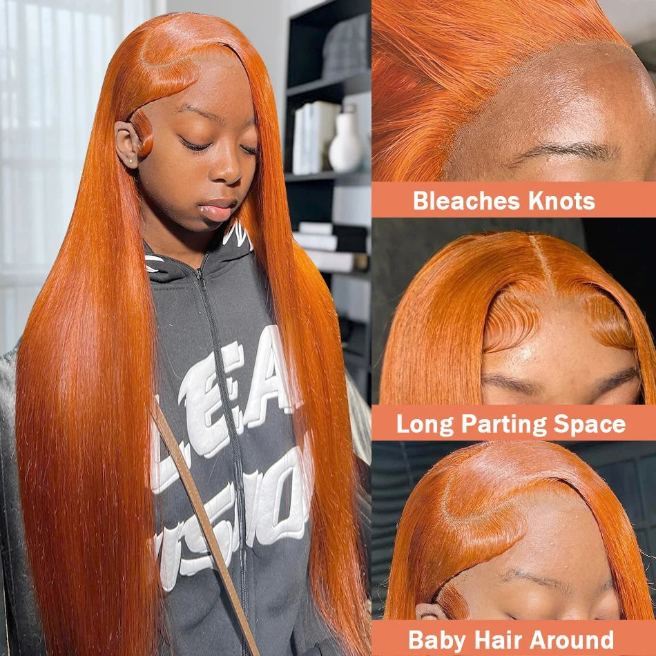 Ginger Orange Straight 13x6 Transparent Lace Front Wig Human Hair for Women #350 Colored Pre Plucked Natural Hairline 200%