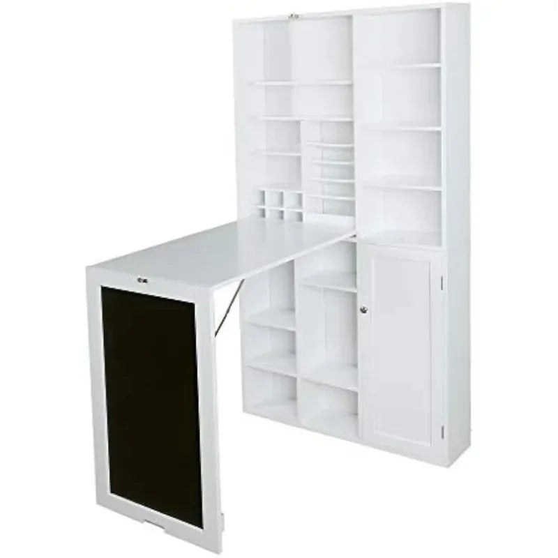Collapsible Fold Down Desk Table | Computer Desk with Large Storage Cabinet & Bottom Shelves, Stylish Furniture (White)