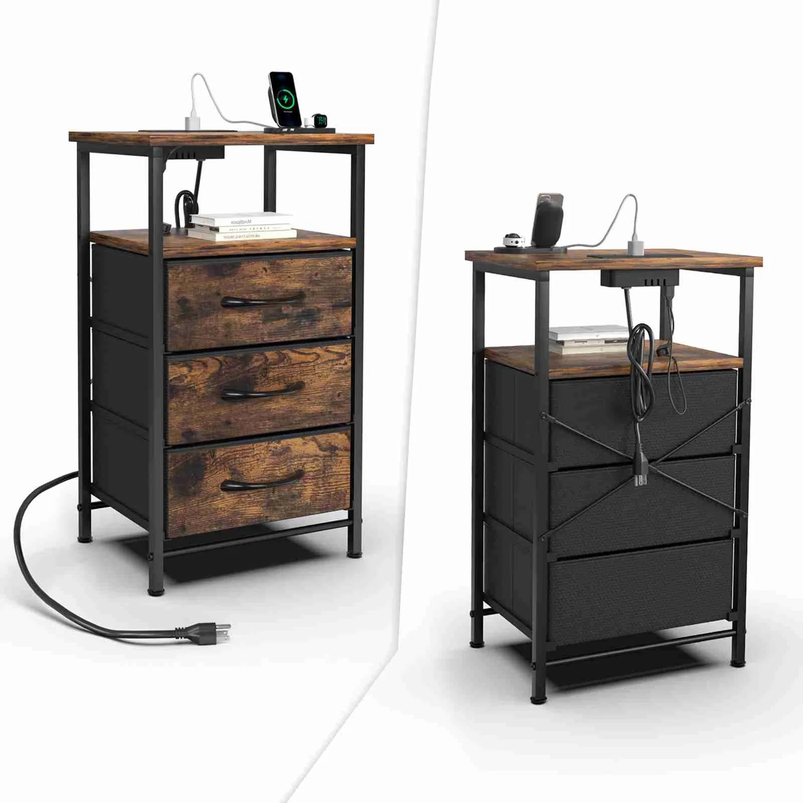Bedside Table Brown Color Multifunctional Iron and Triamine Plate Nightstand Side Table for Living Room Bedroom