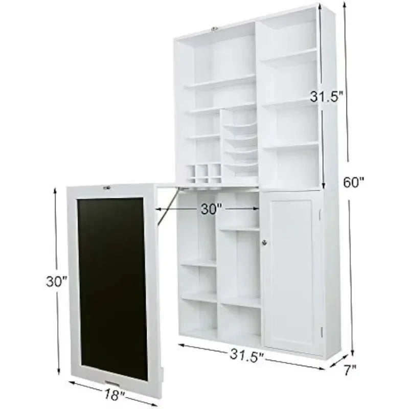Collapsible Fold Down Desk Table | Computer Desk with Large Storage Cabinet & Bottom Shelves, Stylish Furniture (White)