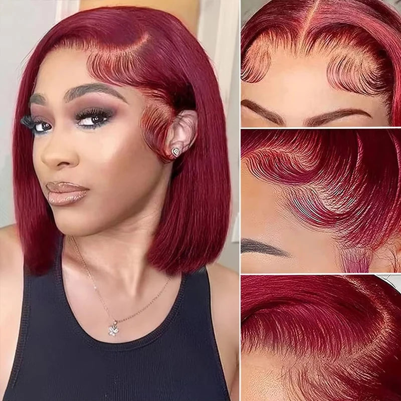 Glueless 99J Burgundy bob wigs 6x6 HD Lace Front wigs human hair 180% Pre Plucked Straight short bob human Hair Wigs For Women