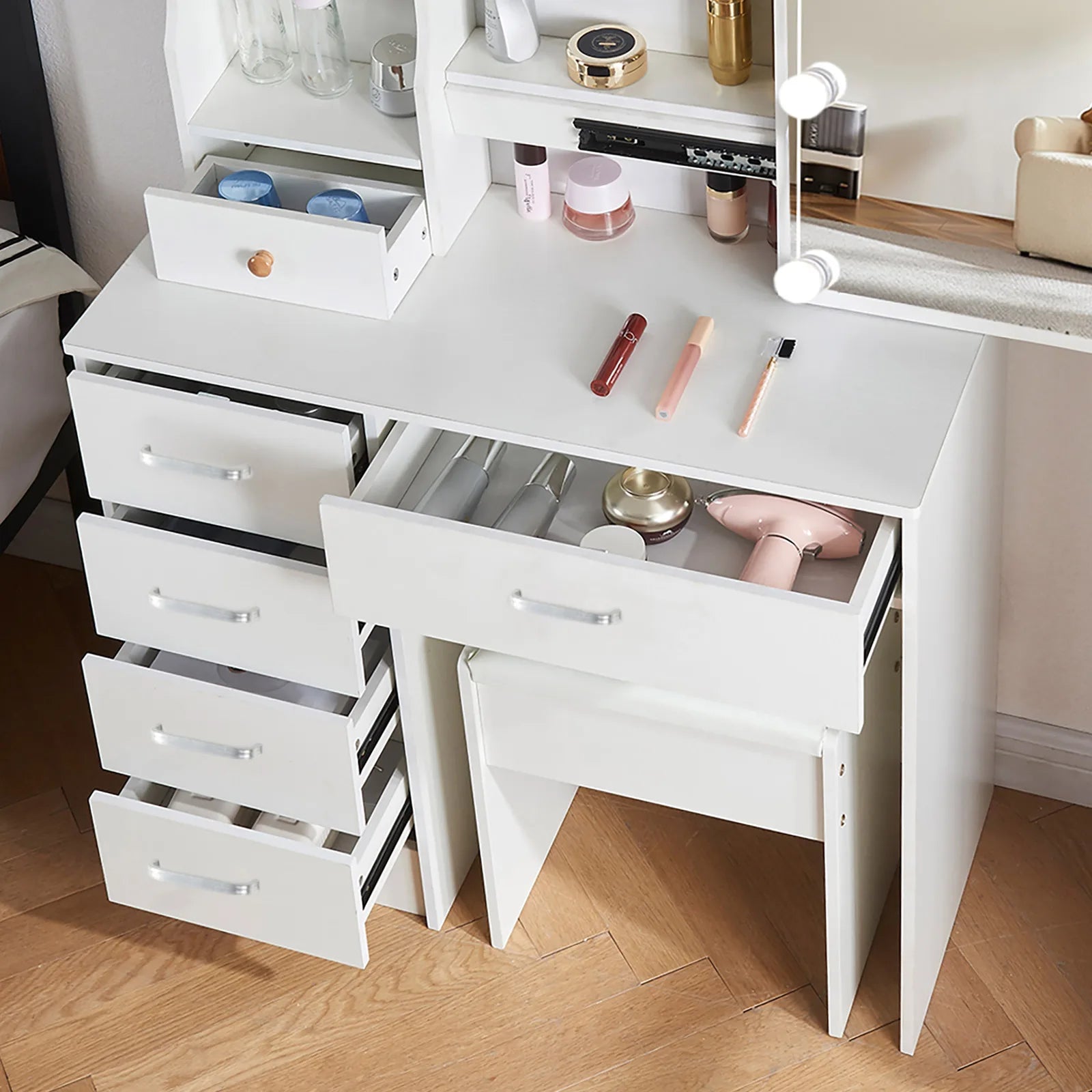 LED Lighted Dresser Set, 3 Colors Adjustable Brightness, White Dresser with Drawers and Upholstered Stool with Five Drawers