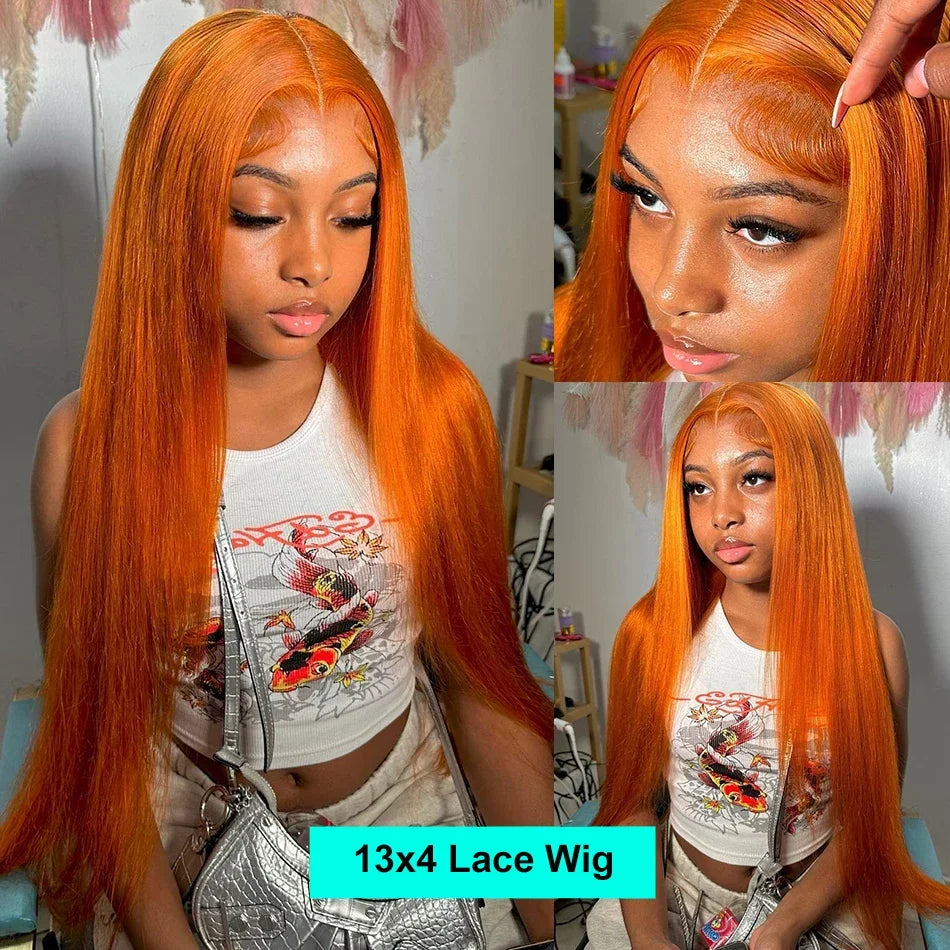Ginger Orange Straight 13x6 Transparent Lace Front Wig Human Hair for Women #350 Colored Pre Plucked Natural Hairline 200%