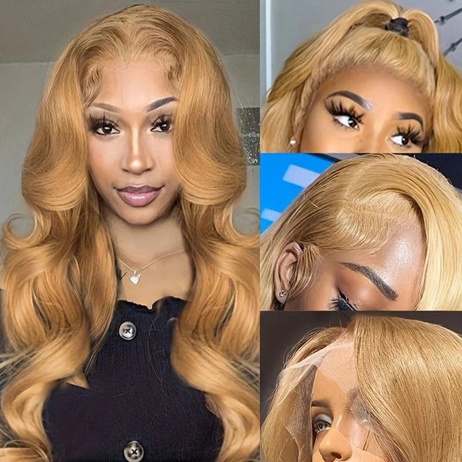 Honey Blonde #27 Color Body Wave Lace Front Human Hair Wig 13x6 13x4 Hd Frontal Brazilian Highlight Wigs For Women 30 34 Inch