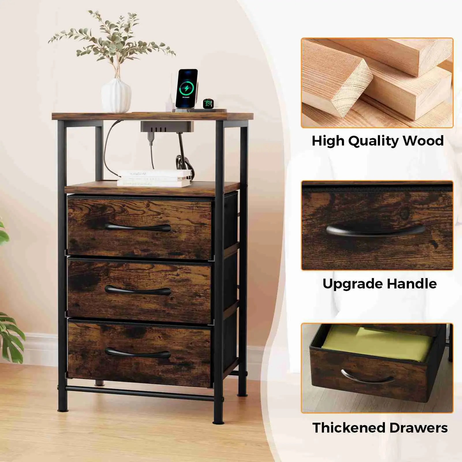 Bedside Table Brown Color Multifunctional Iron and Triamine Plate Nightstand Side Table for Living Room Bedroom