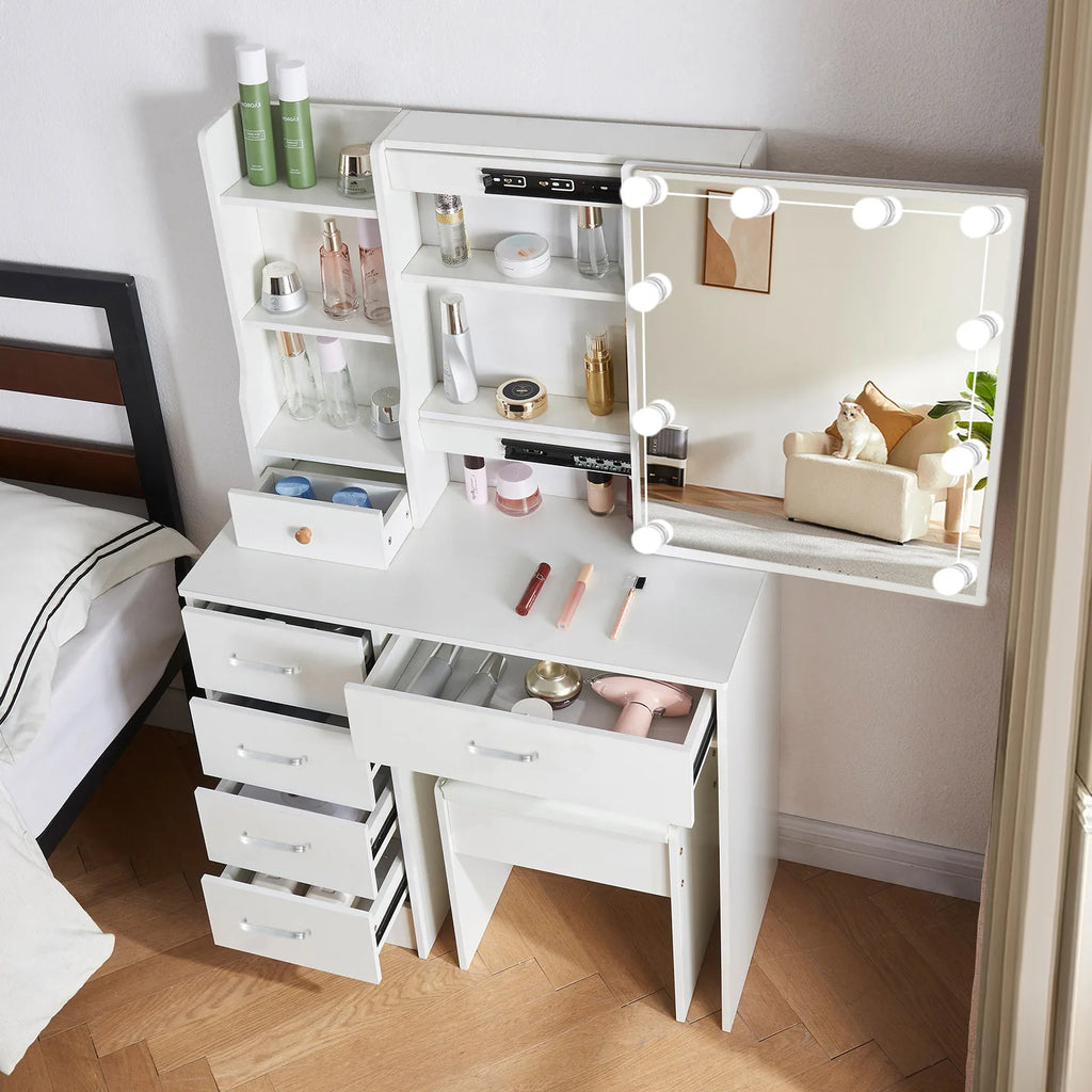 LED Lighted Dresser Set, 3 Colors Adjustable Brightness, White Dresser with Drawers and Upholstered Stool with Five Drawers
