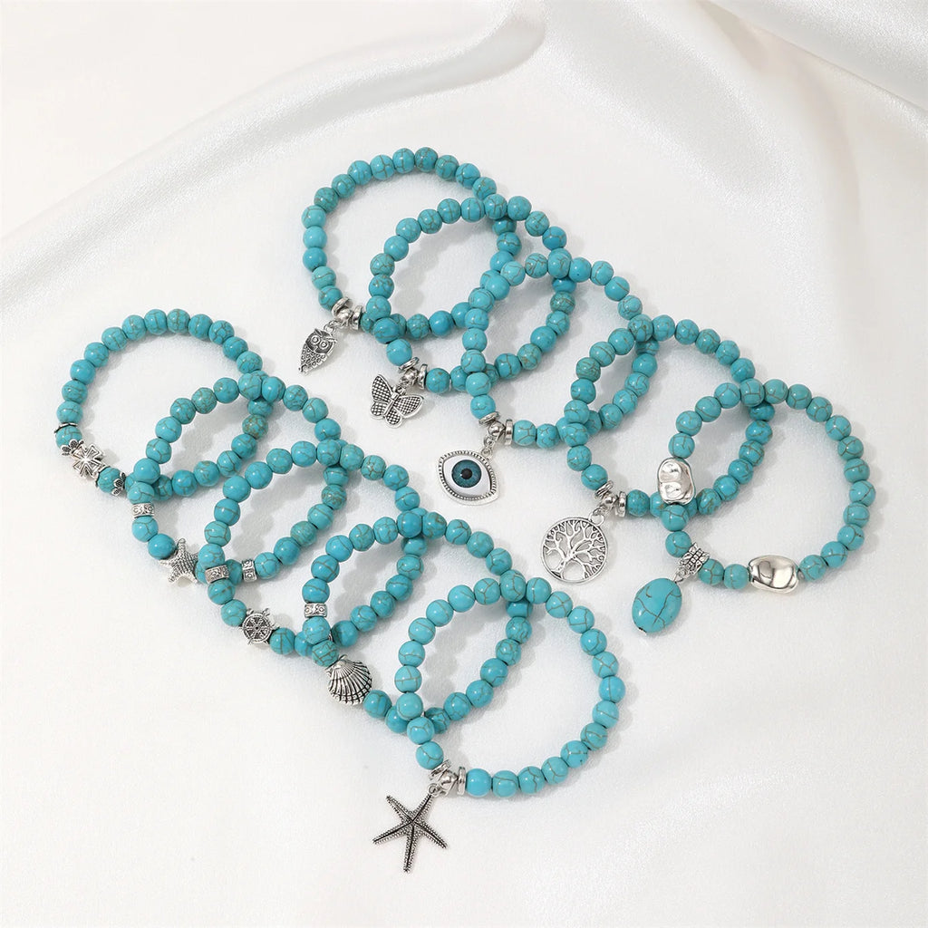 10Pcs Green Stone Bracelets with Charm Boho Style Beach Style BFF Bracelets