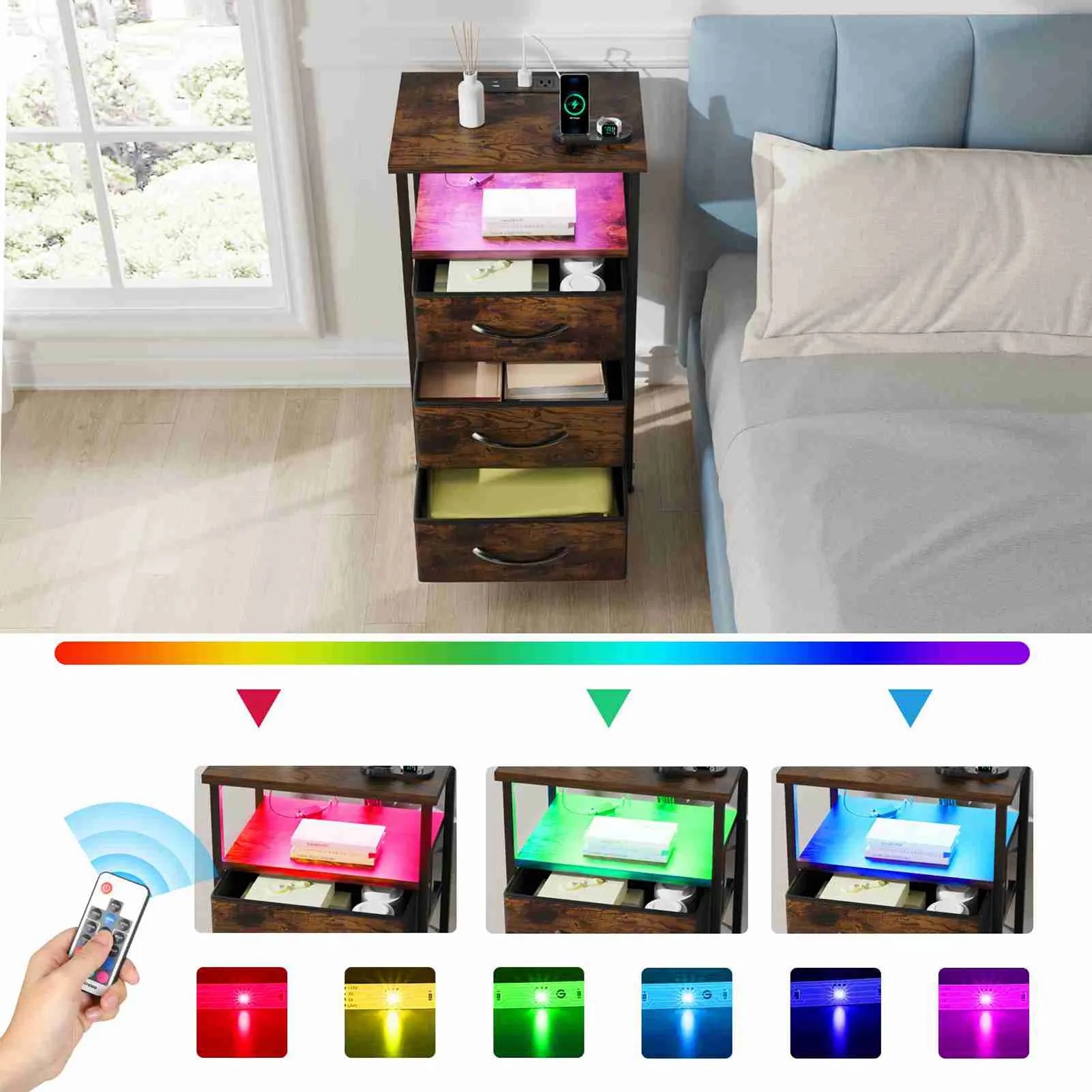 Bedside Table Brown Color Multifunctional Iron and Triamine Plate Nightstand Side Table for Living Room Bedroom