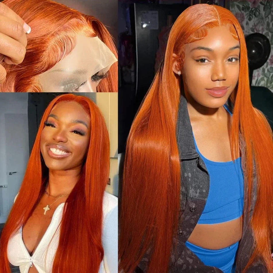 Ginger Orange Straight 13x6 Transparent Lace Front Wig Human Hair for Women #350 Colored Pre Plucked Natural Hairline 200%