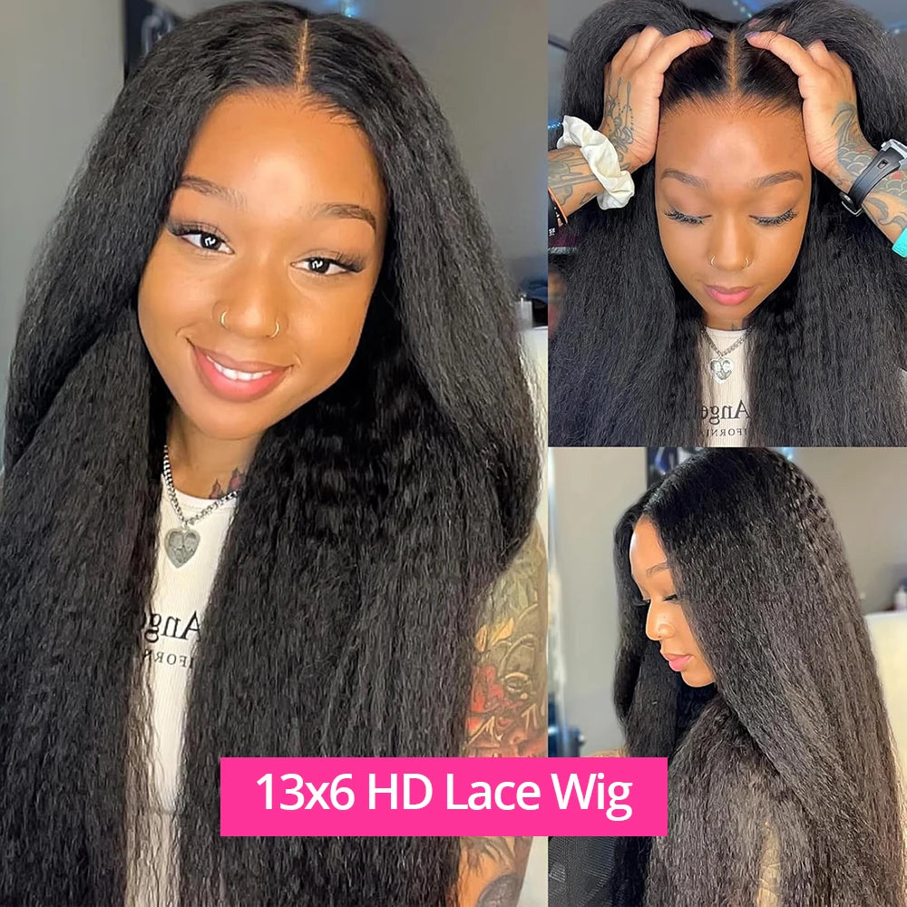 Kinky Straight 360 HD Full Lace Wigs Human Hair Brazilian Yaki Straight 13x6 HD Lace Frontal Wig Preplucked 250% High Density