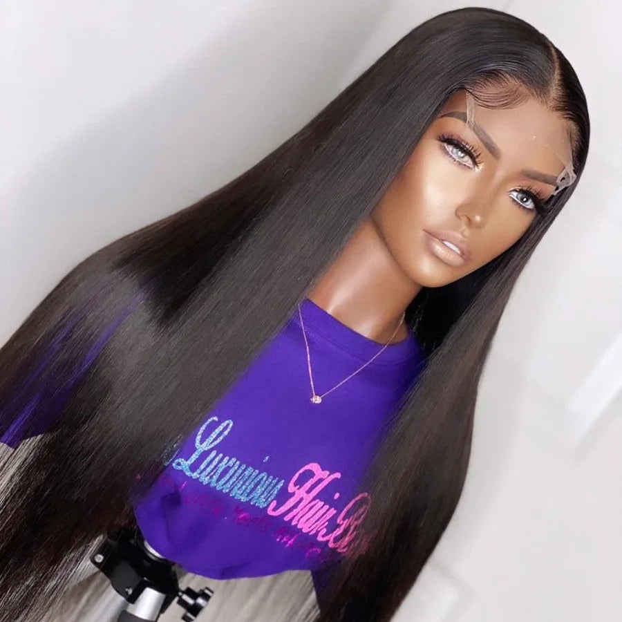 Natural 26Inch Soft Long Glueless Black Straight Lace Front Wig For Women With Baby Hair Synthetic Preplucked Daily