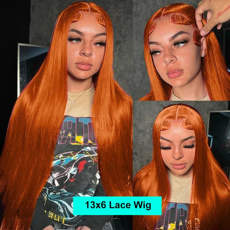 Ginger Orange Straight 13x6 Transparent Lace Front Wig Human Hair for Women #350 Colored Pre Plucked Natural Hairline 200%