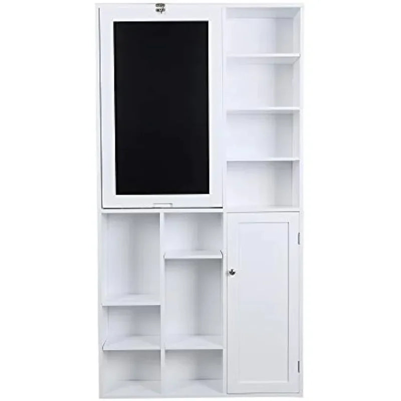 Collapsible Fold Down Desk Table | Computer Desk with Large Storage Cabinet & Bottom Shelves, Stylish Furniture (White)