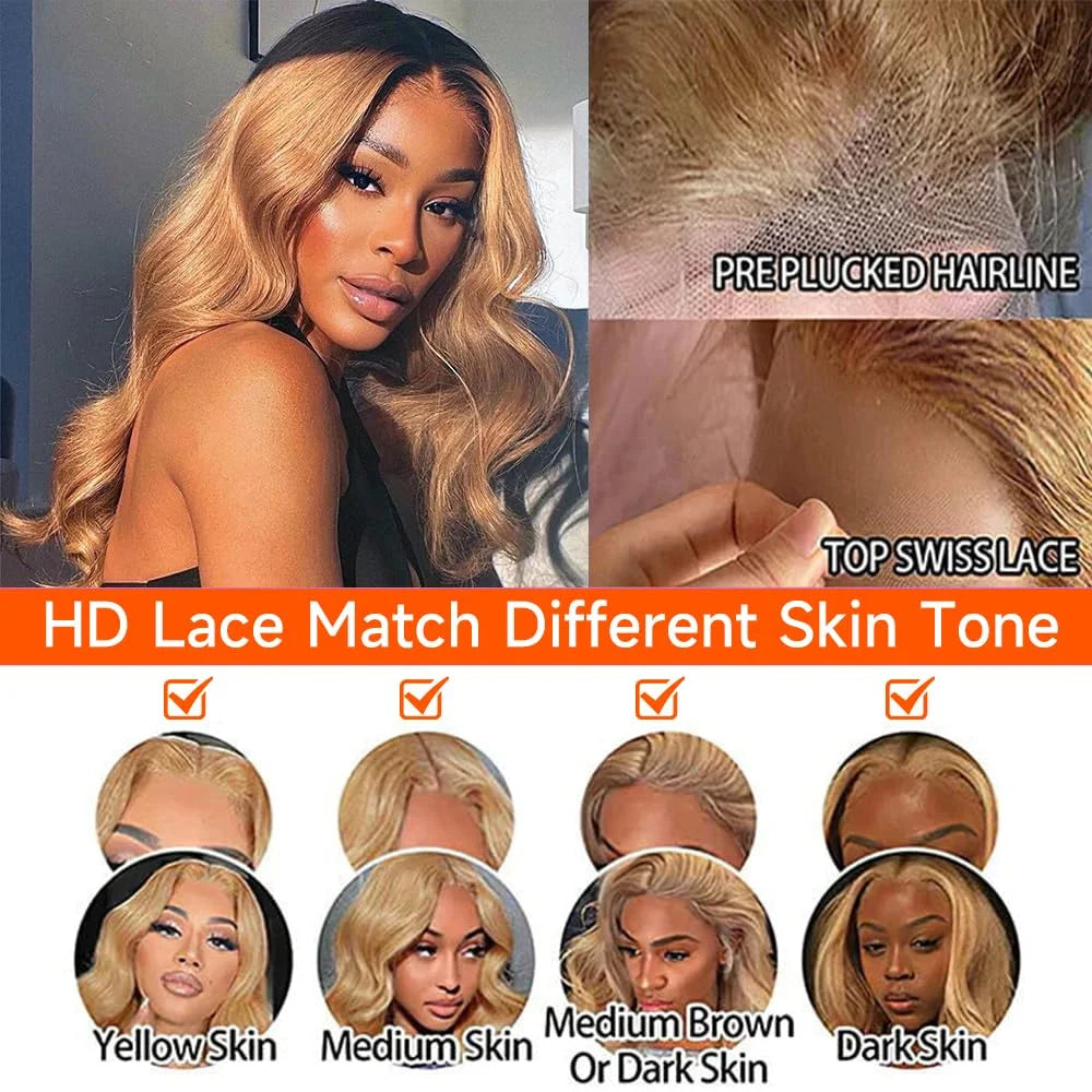Honey Blonde #27 Color Body Wave Lace Front Human Hair Wig 13x6 13x4 Hd Frontal Brazilian Highlight Wigs For Women 30 34 Inch