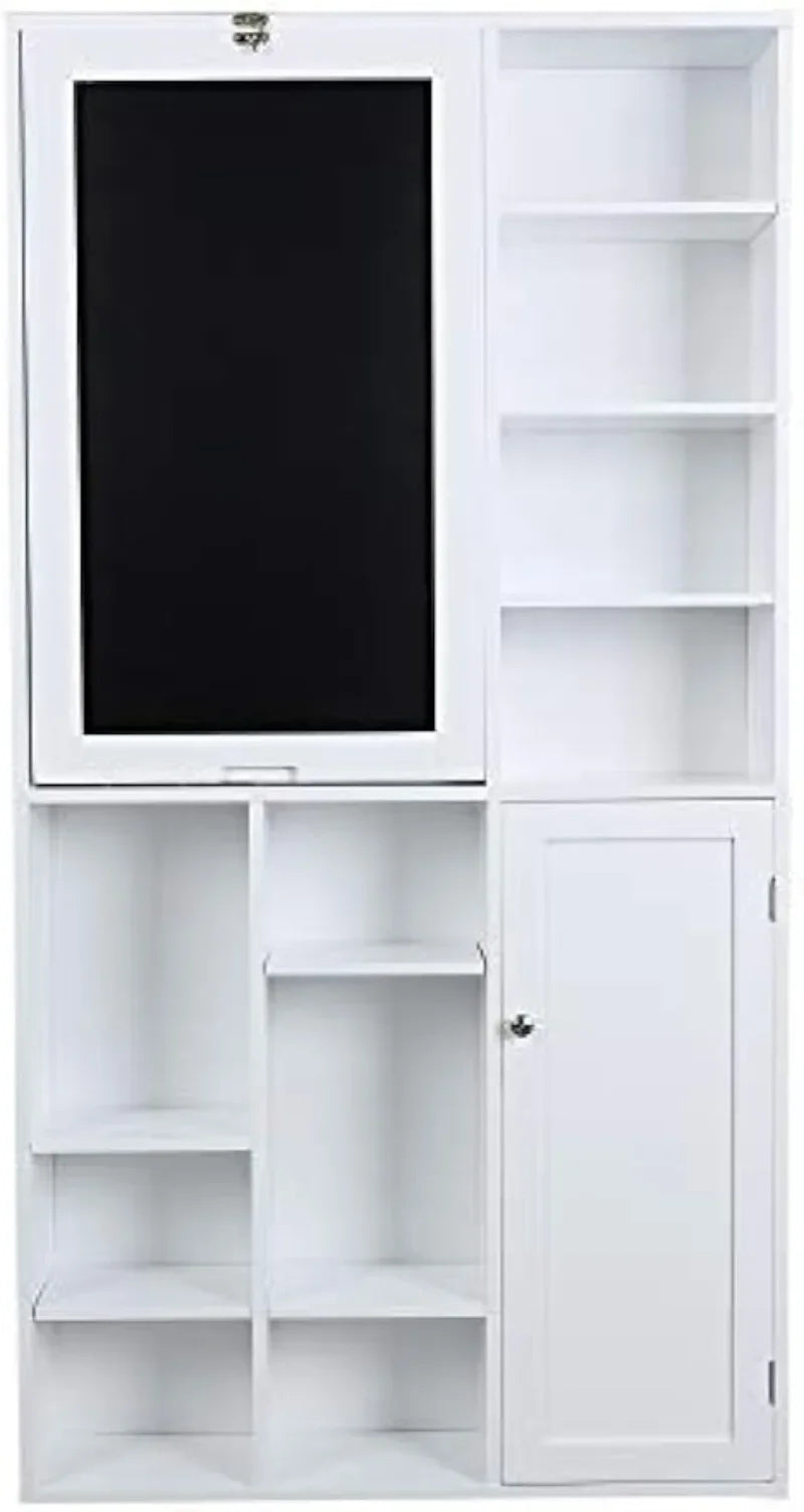 Collapsible Fold Down Desk Table | Computer Desk with Large Storage Cabinet & Bottom Shelves, Stylish Furniture (White)