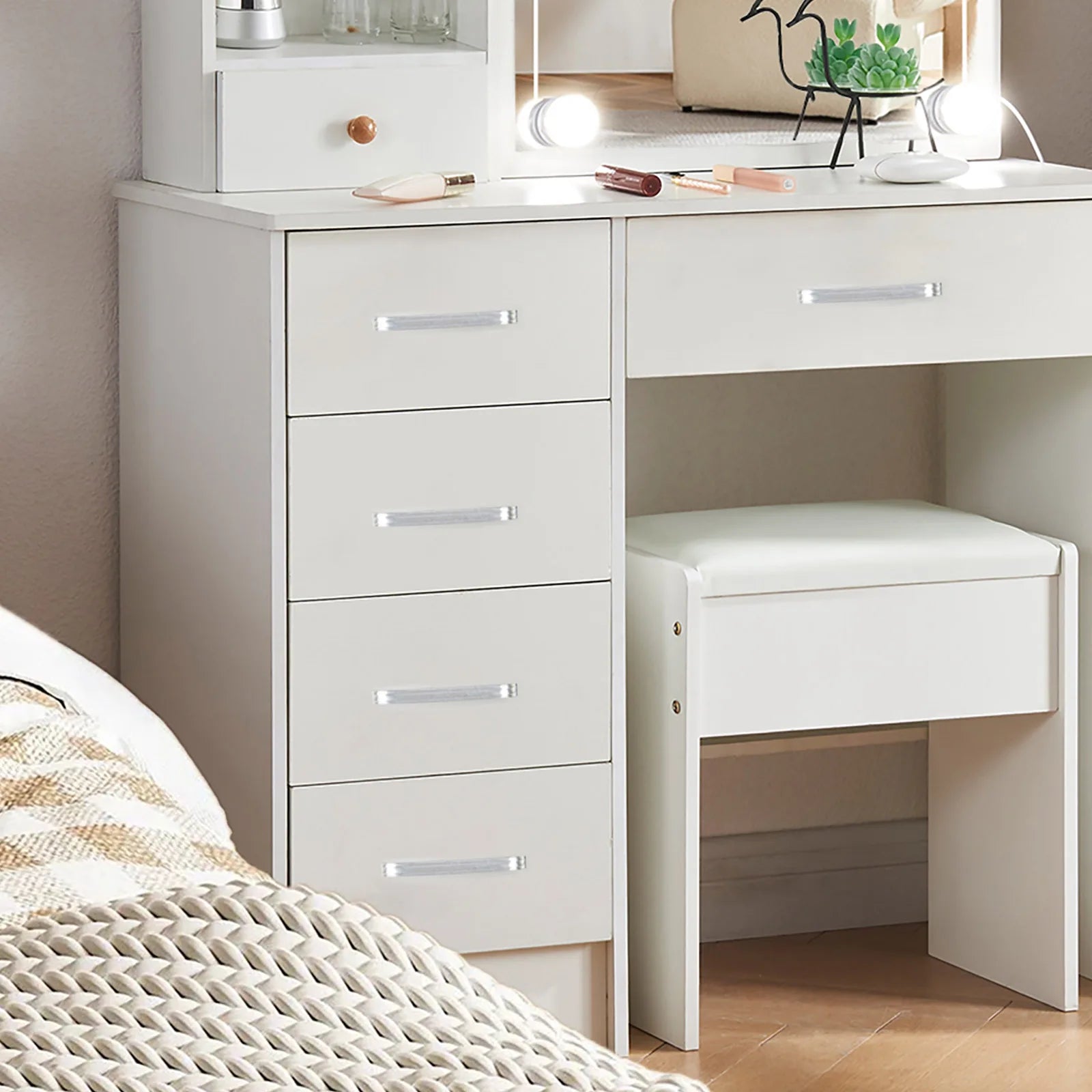 LED Lighted Dresser Set, 3 Colors Adjustable Brightness, White Dresser with Drawers and Upholstered Stool with Five Drawers