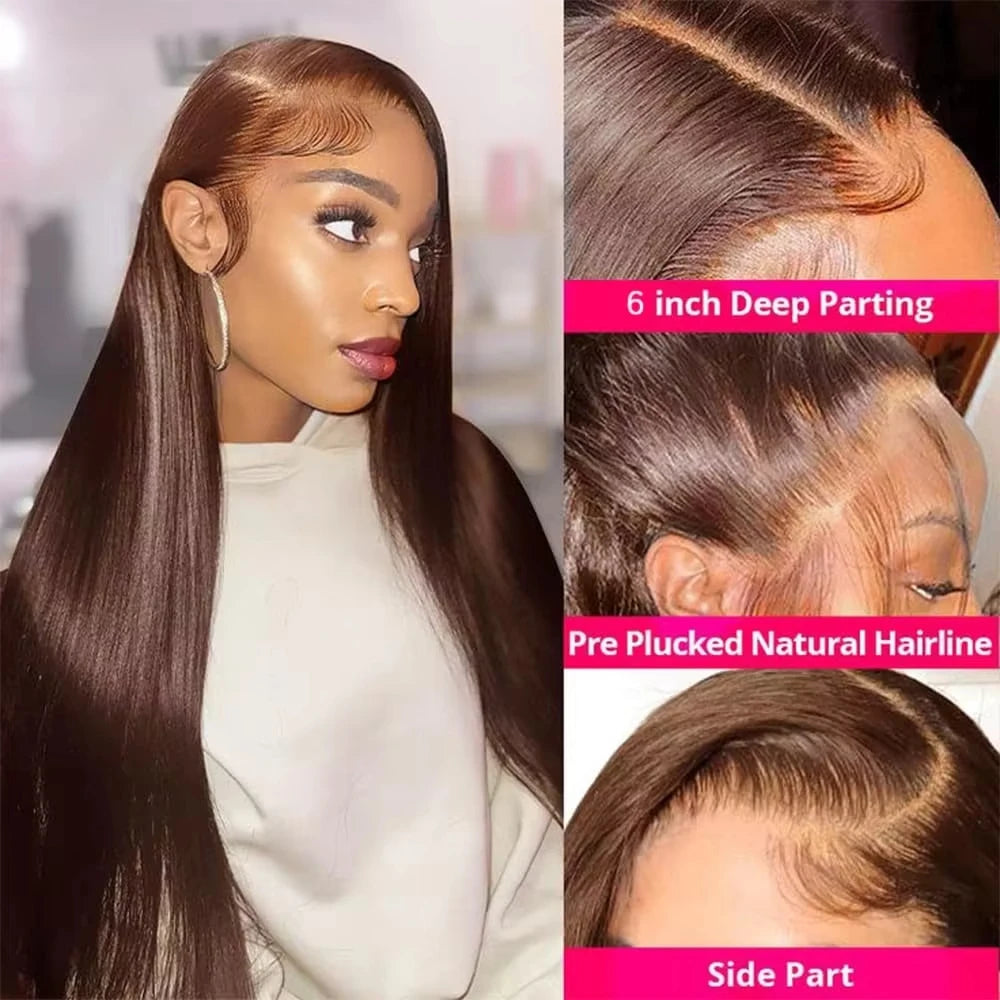 13x6 HD Chocolate Brown Bone Straight Lace Front Wig  36 Inch Lace Frontal Wig Human Hair Pre Plucked #4 Colored Human Hair Wig