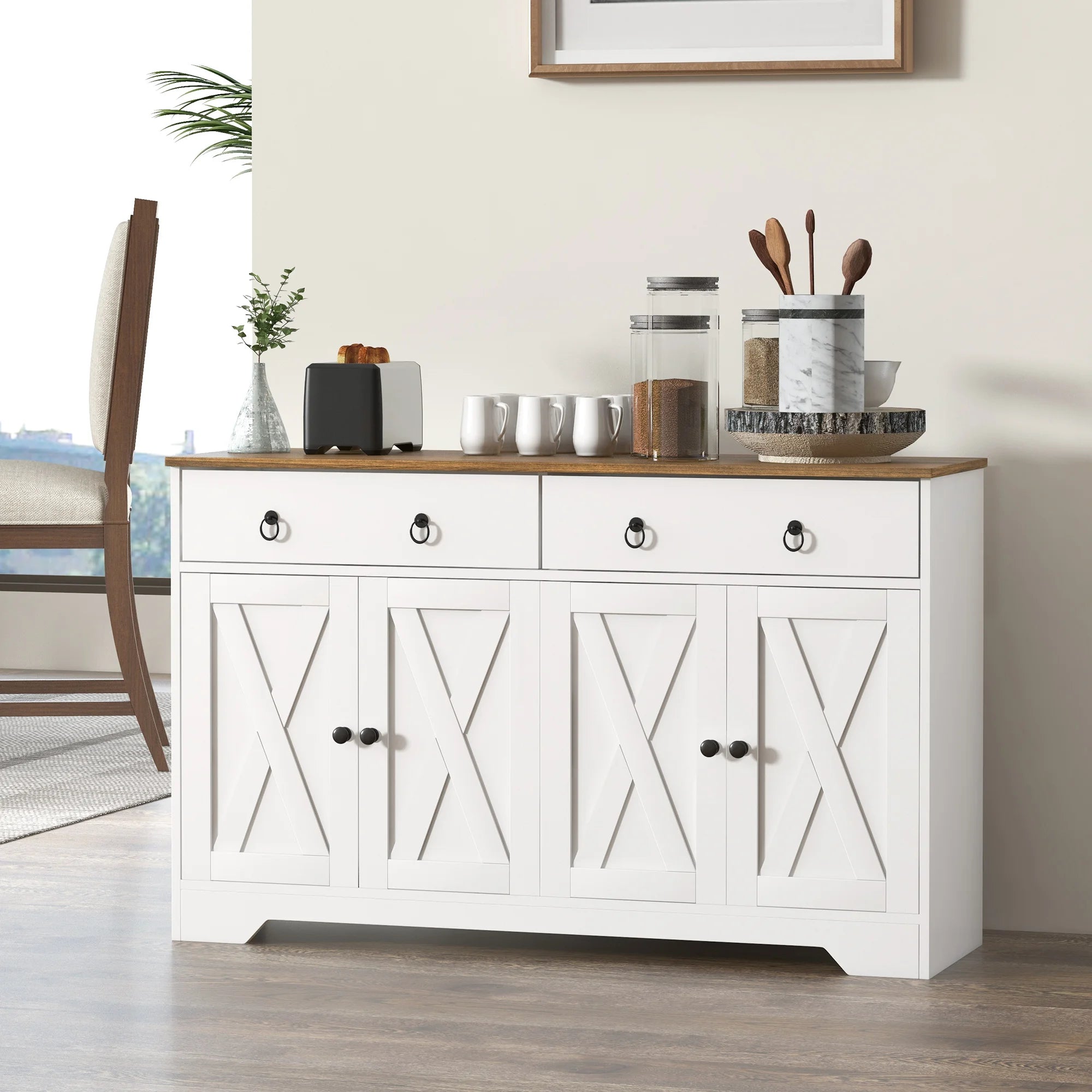 Homcom Kitchen Sideboard, Buffet Cabinet W/ Barn Doors, Adjustable Shelf