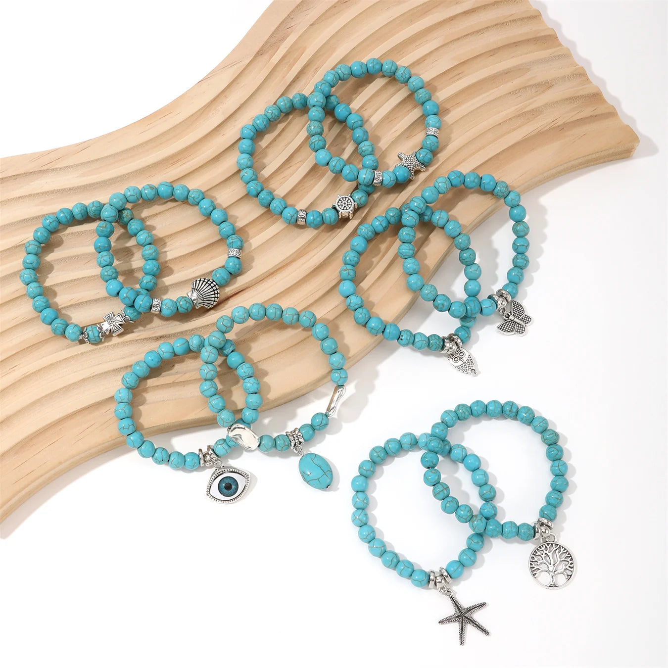 10Pcs Green Stone Bracelets with Charm Boho Style Beach Style BFF Bracelets