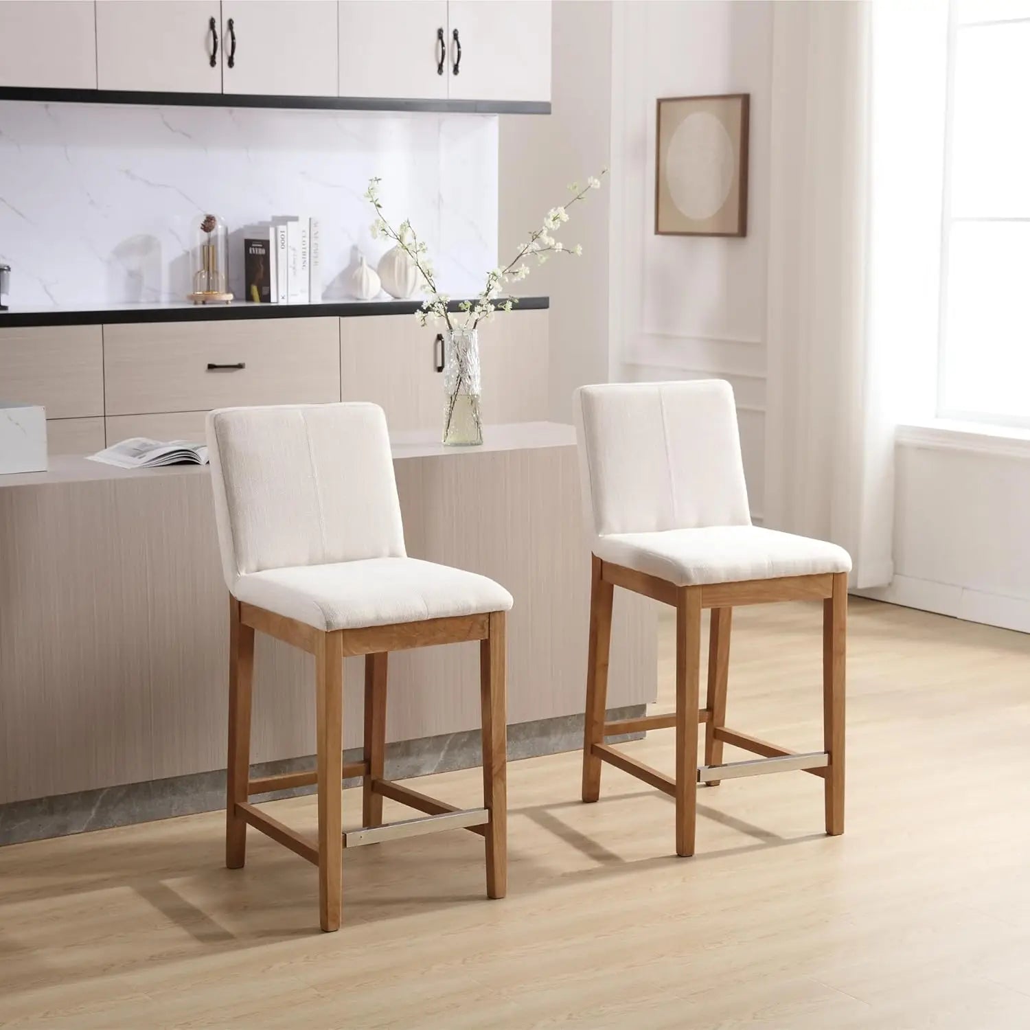 Kmax 26 Inch Counter Height Bar Stools Set Of 2, Upholstered Stools For Kitchen Counter With Back Support Rustic Wooden White