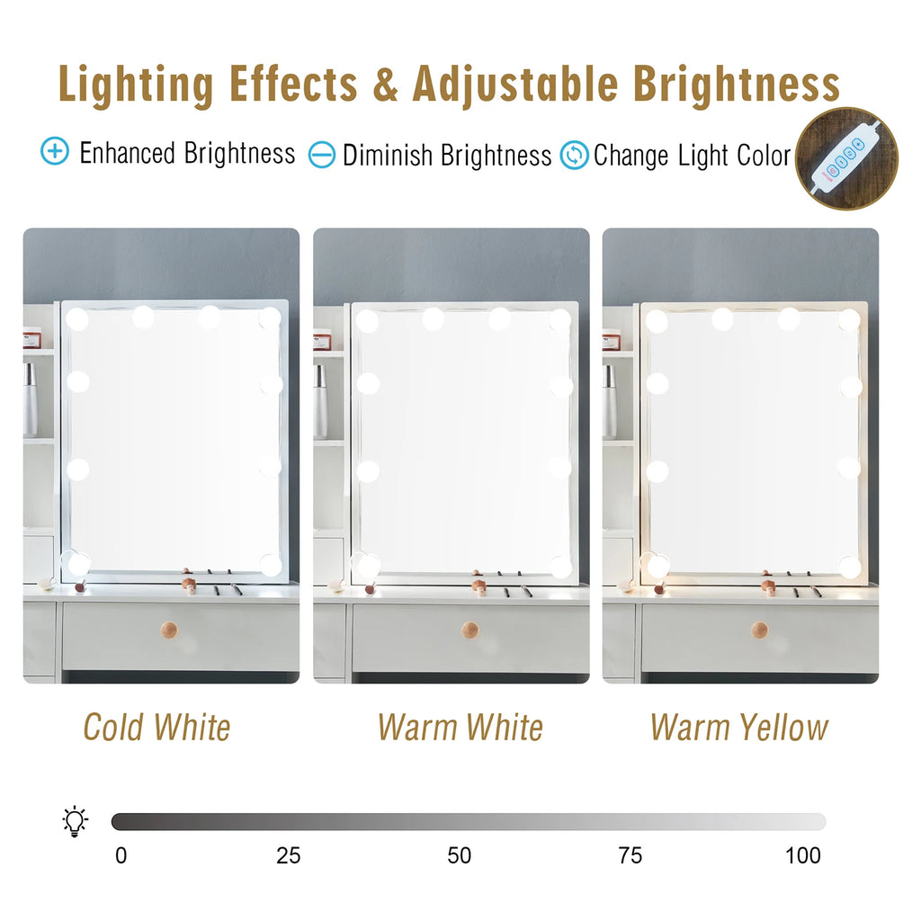 LED Lighted Dresser Set, 3 Colors Adjustable Brightness, White Dresser with Drawers and Upholstered Stool with Five Drawers