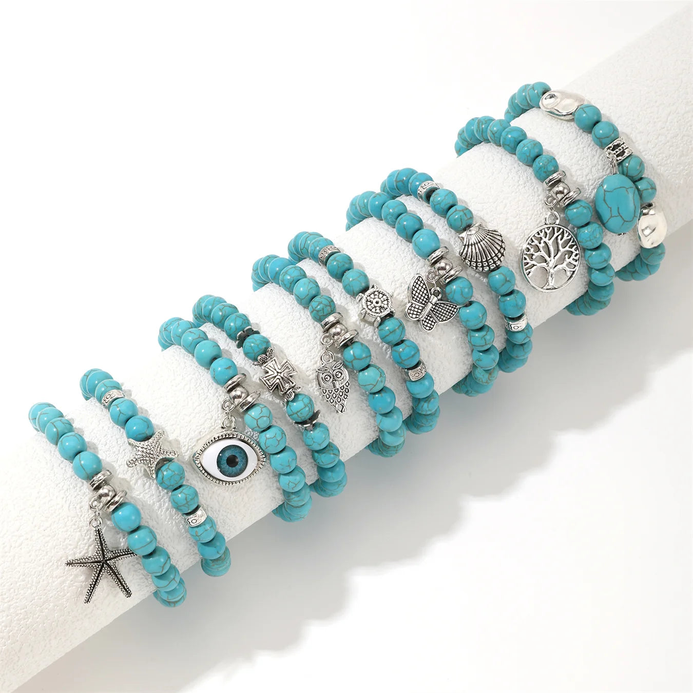 10Pcs Green Stone Bracelets with Charm Boho Style Beach Style BFF Bracelets