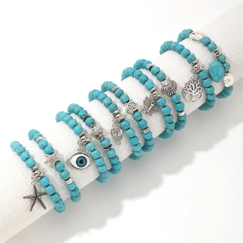 10Pcs Green Stone Bracelets with Charm Boho Style Beach Style BFF Bracelets