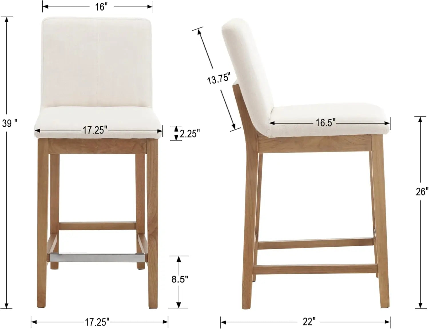 Kmax 26 Inch Counter Height Bar Stools Set Of 2, Upholstered Stools For Kitchen Counter With Back Support Rustic Wooden White