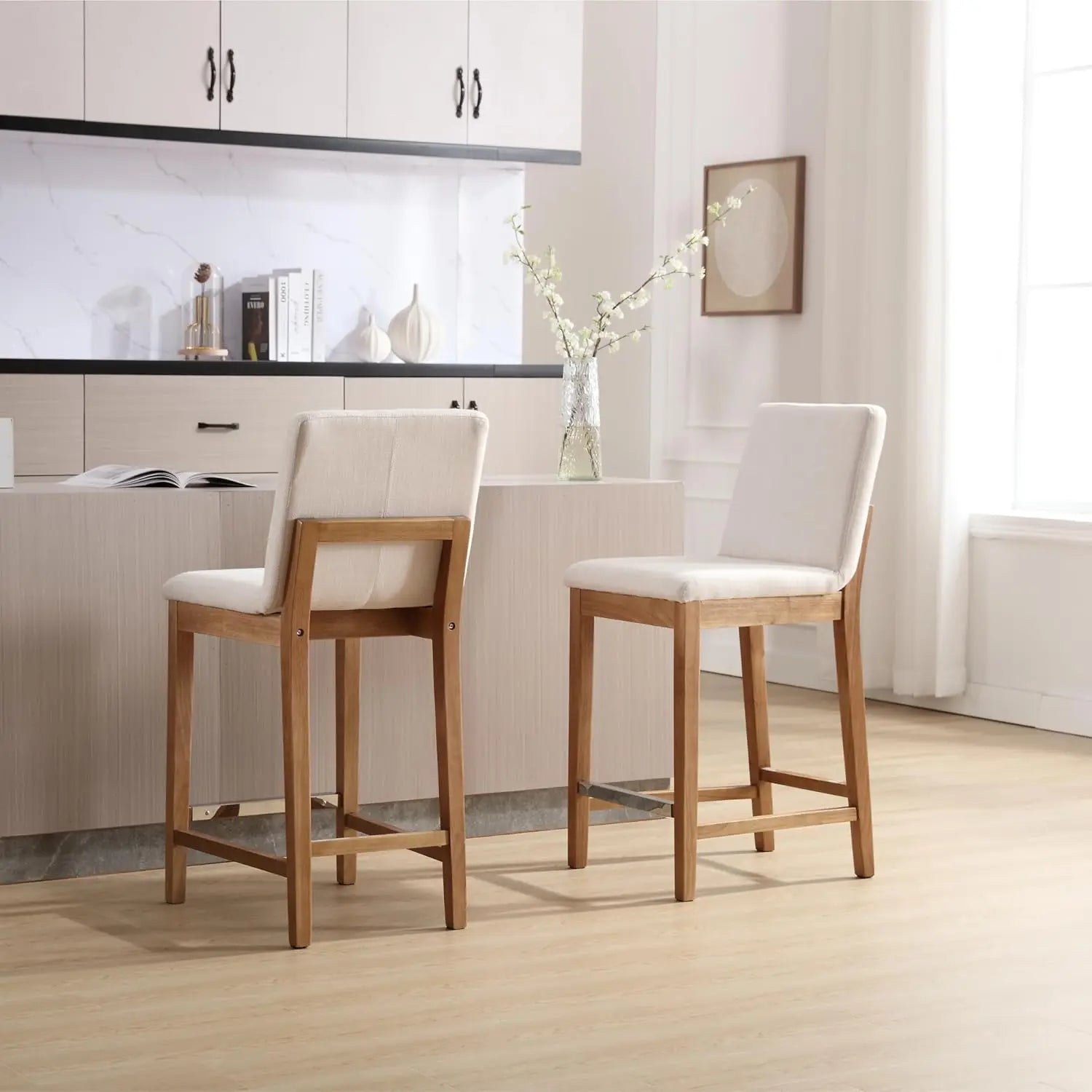 Kmax 26 Inch Counter Height Bar Stools Set Of 2, Upholstered Stools For Kitchen Counter With Back Support Rustic Wooden White