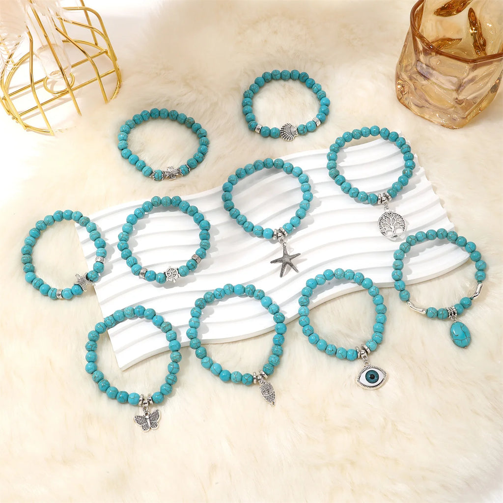 10Pcs Green Stone Bracelets with Charm Boho Style Beach Style BFF Bracelets