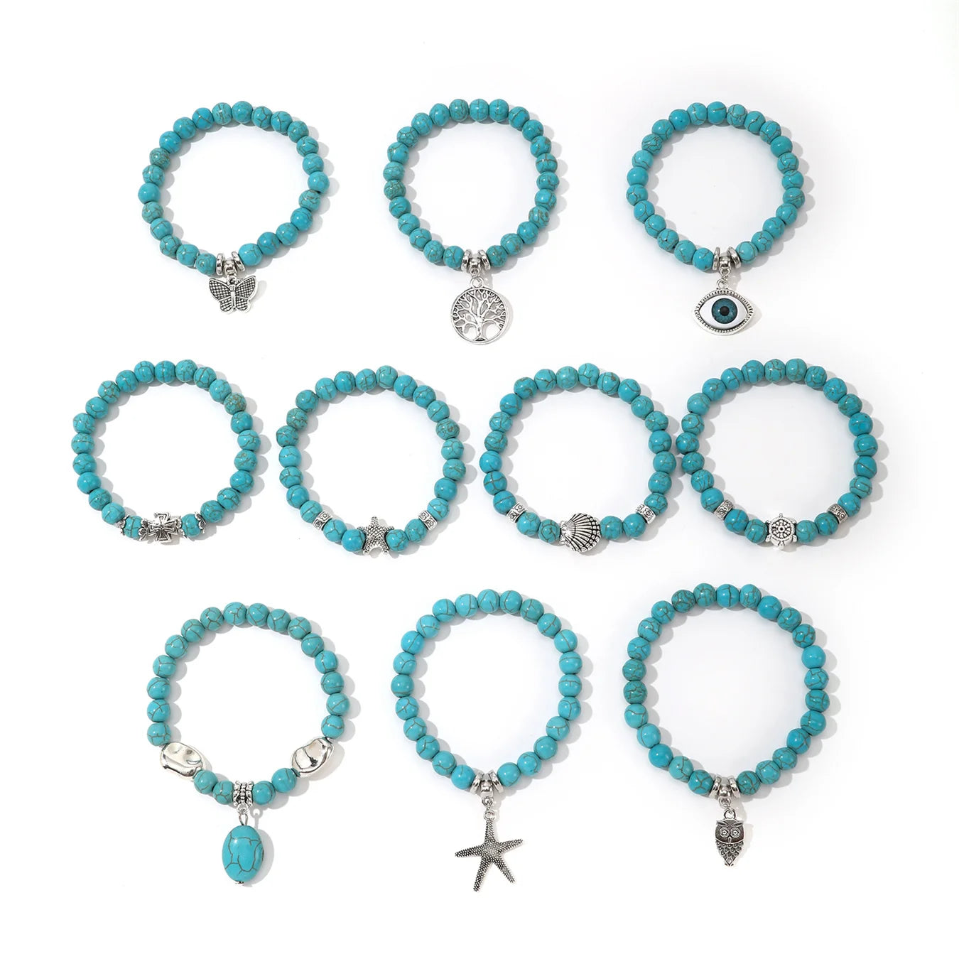 10Pcs Green Stone Bracelets with Charm Boho Style Beach Style BFF Bracelets