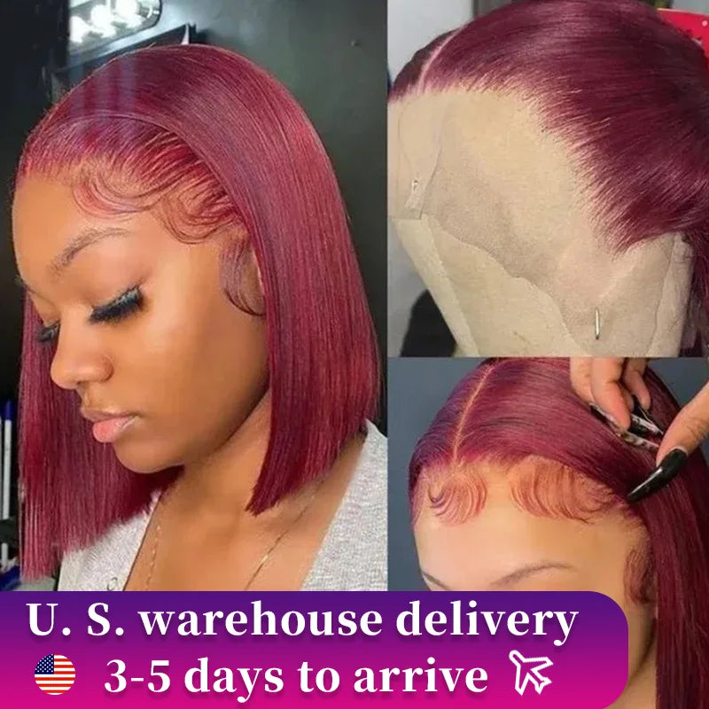 Glueless 99J Burgundy bob wigs 6x6 HD Lace Front wigs human hair 180% Pre Plucked Straight short bob human Hair Wigs For Women
