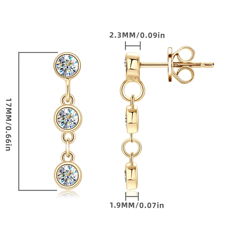 Mossanite three-stone tassel hanging earrings Bezel Set 925 sterling silver Stud Earrings for Women Jewelry Gift Valentine Day